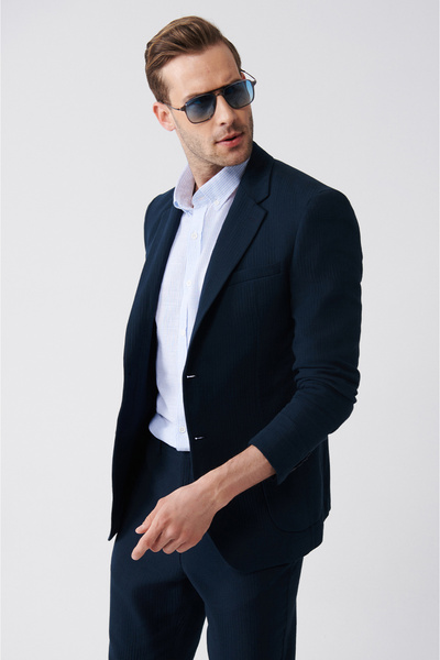 Avva Marineblaue, ungefütterte Wollmischung-Doppelschlitzjacke für Herren A31...