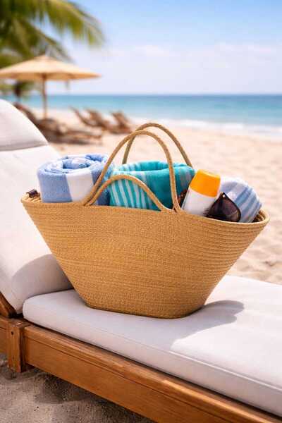 HLM TEKSTİL Ψάθινη τσάντα παραλίας, ψάθινη, τσάντα από γιούτα, γυναικεία τσάν...