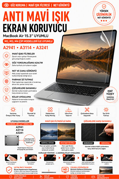 Mcstorey Macbook Air 15.3inç Ekran Koruyucu M2-m3-m4 Mavi Işık Filtreli Anti ...