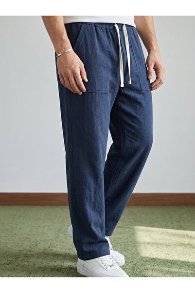 Danger Erkek Baggy Kalıp Beli Lastikli %100 Pamuk Keten Görünümlü Pantolon Lacivert 1007DNGR