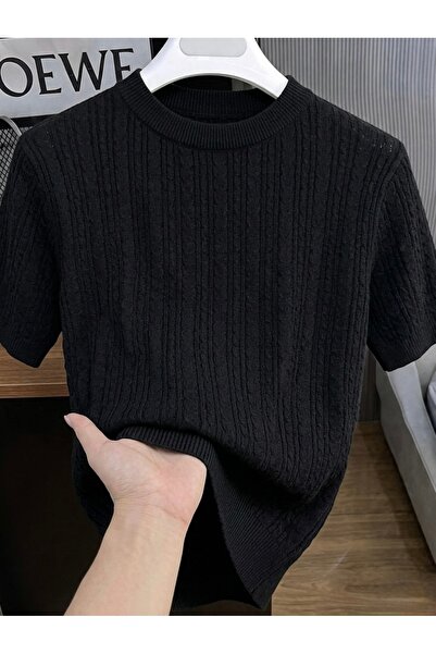 ModaYaren T2049-Black Short Sleeve Soft Textured Biscuit Collar Knitwear T-Shirt