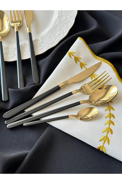 MD MİMOZA DEKOR Allegra Black&gold 42 Pieces 6 Person Fork Spoon Knife Set