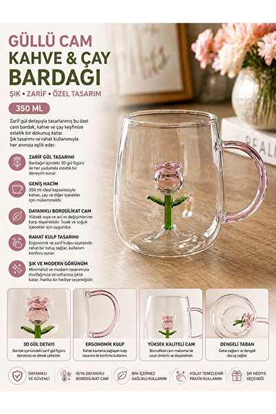 House Bird Güllü Cam Kahve & Çay Bardağı 350 ML – Şık Kulplu Tasarım