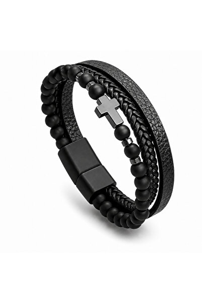 Basic Outfitters Ανδρικό Μαύρο Βραχιόλι με Σταυρό από Δέρμα και Χάντρες – Κομ...