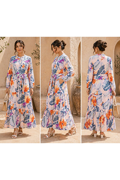 LINELLE White Tropical Print Tiered Casual Dress