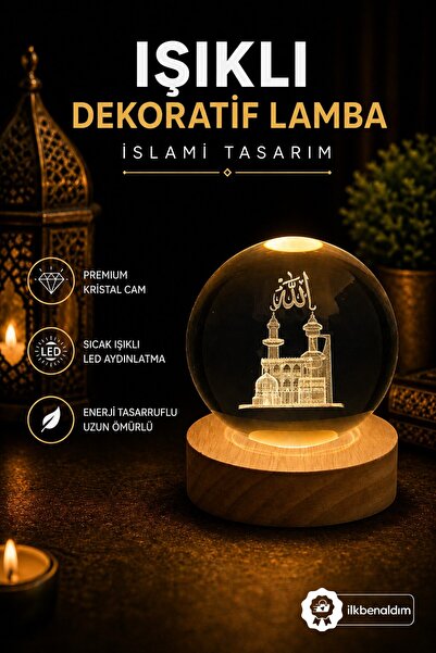 İlkbenaldim Işıklı Dekoratif Kristal Cam Küre Lamba Allah ve Cami İslami Tasa...