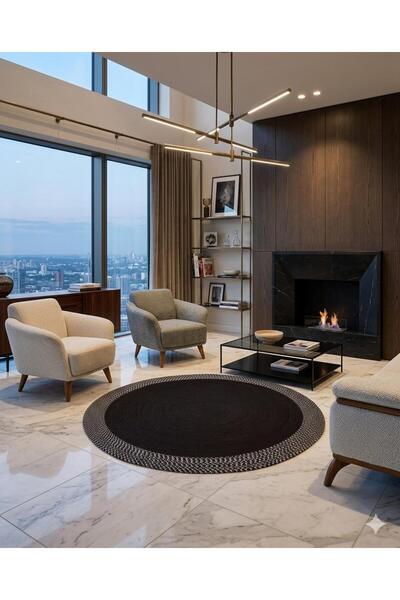 ModaCardin jüt Hasır görünümlü Desenli Modern El Örgüsü daire Halı Kilim