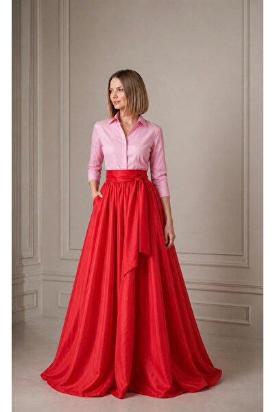 SERAVENZA COUTURE فستان قميصي أنيق بحزام خصر مزدوج اللون من ماكسي بوي COU-27
