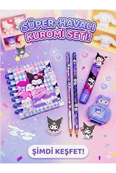 Kuromi Starter Kit - 2-Piece Pencil - Notepad - Figurative Eraser - Velvet Coated Pencil Sharpener
