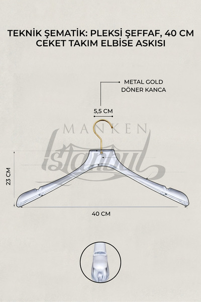 Manken İstanbul Business Class 20 Pieces 40 cm Plexiglass Transparent Gold Hook Clothes Hanger Coat Jacket Hanger