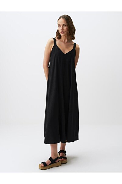 Jimmy Key Μαύρο λουράκι V-Neck Basic Midi λινό φόρεμα
