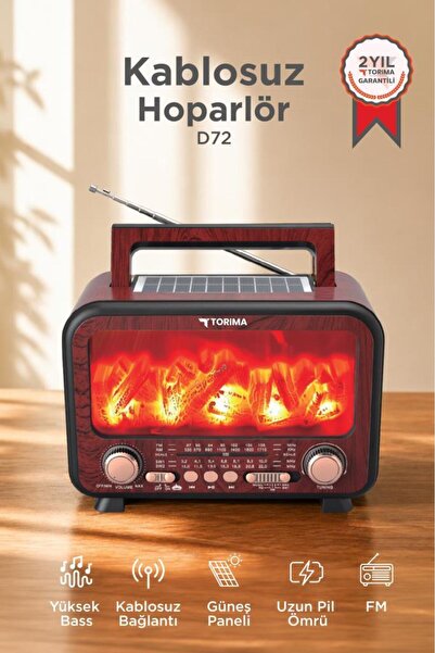 Torima Bluetooth Hoparlör Nostaljik Solar Panelli Speaker D72 Kırmızı Ahşap