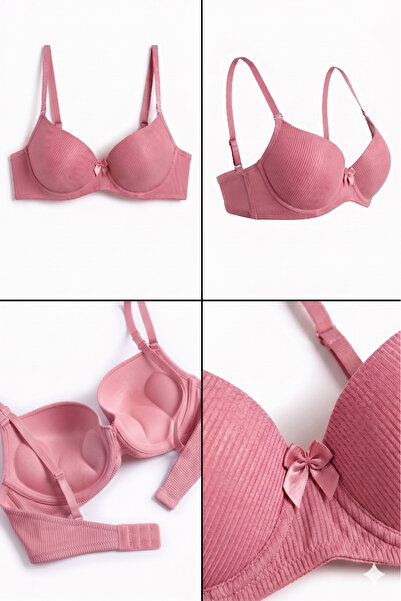 Lavint Homewear Gül Kurusu Çizgili Dokulu Push-Up Balenli Destekli Micro Sütyen