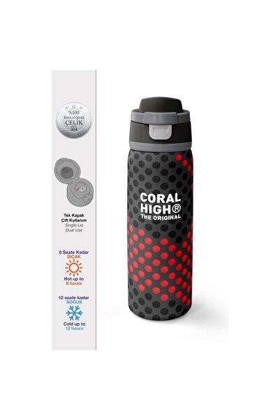 Coral High Black and Red Patterned Steel Thermos with Straw and Direct Drinki...