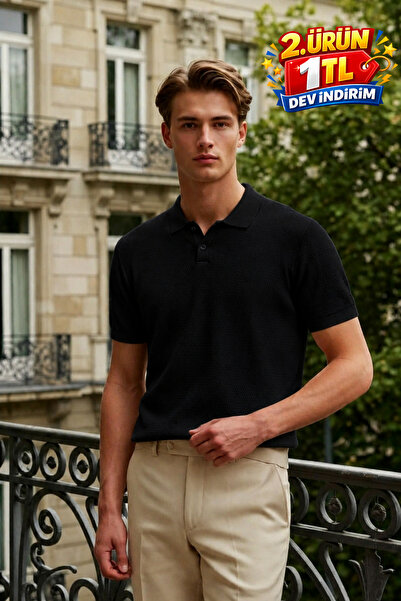 DAMGA JEANS Ανδρικό καλοκαιρινό κοντομάνικο μπλουζάκι με υφή, μαύρο, με λαιμό...