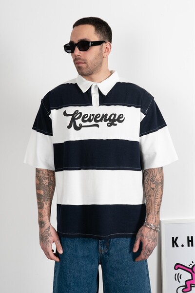 Super Rare Tricou bărbătesc oversize Revenge cu guler polo, albastru marin și...