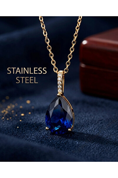 stainless steell gold renk sıra taşlı lacivert damla model sf zincir çelik kolye