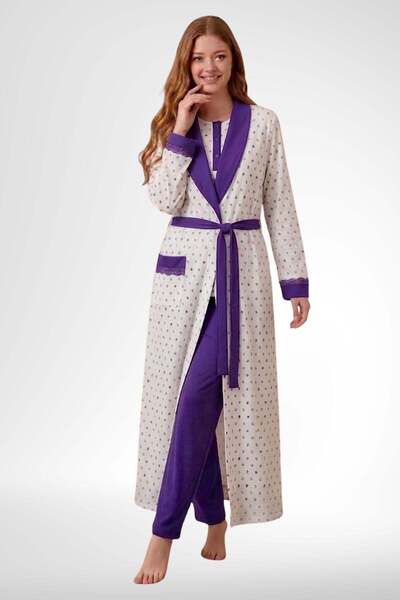 Mecit Pijama Mecit 6358 Mor Kadın Uzun Sabahlıklı Pijama Takımı