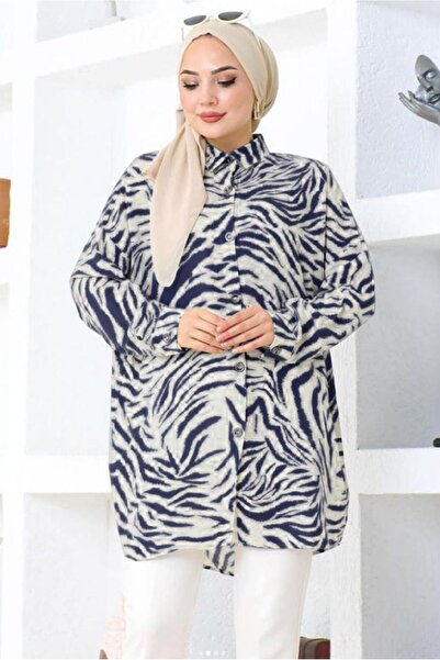 TRENDTESETTÜR KADIN LACİVERT ZEBRA DESENLİ PAMUKLU TUNİK T 5210