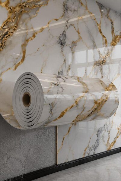 Renkli Duvarlar 60cm x 3 Metre Tek Parça Yapışkanlı Rulo Gold Mermer Desenli ...