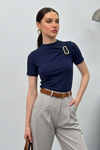 AKD Atelier Bluză elegantă pentru femei tricou cu mânecă scurtă, auriu detali...