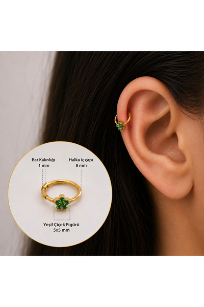 Heppii Yeşil Renk Çiçek Halka Piercing Helix Kıkırdak Forward Helix Piercing
