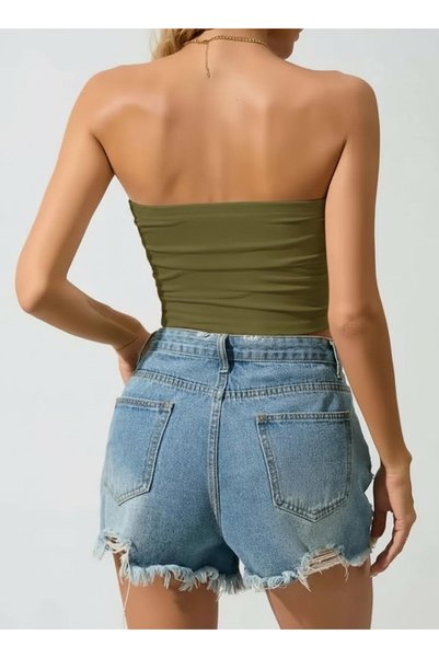 Olyssia Premium - Kadın Haki Straplez Büstiyer Crop Top / Vücuda Oturan Esnek Şık Bandeau Basic Üst