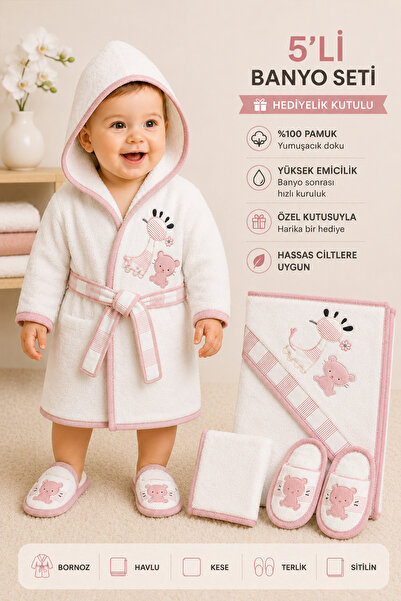 Sitilin Baby Girl Pink Bathrobe Set Towel Set 100% Cotton Fabric Stl5036