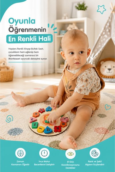 Hopiers Safe Educational Time Tutorial Colorful Wooden Bultak Clock Toy for Children 1+ and Above