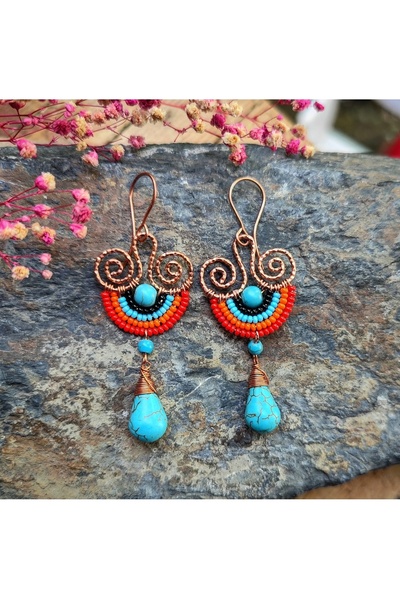 MODA أقراط ملفوفة من الأسلاك النحاسية مصنوعة يدويًا من حجر عين القط