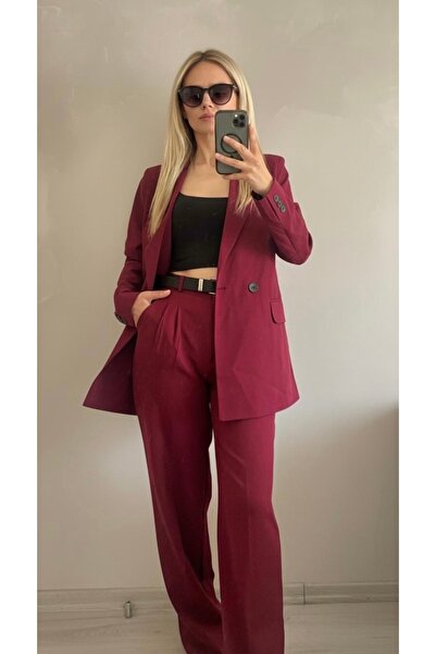 Garamak Kadın Bordo Palazzo Pantolon Takım Elbise