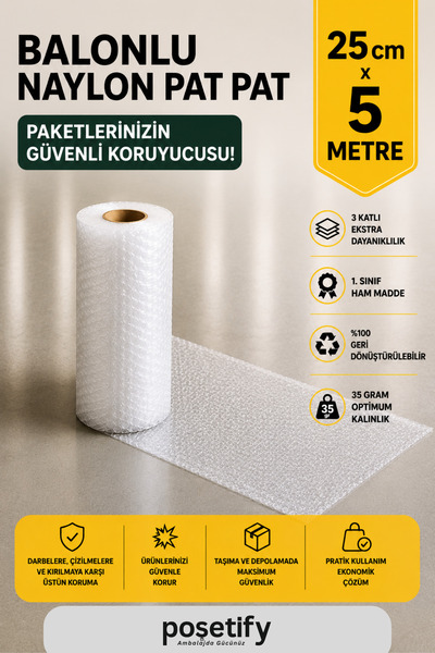 POŞETİFY 25 cm x 5 m Balonlu Naylon Patpat | 1. sınıf | 3 Katlı | 1,25 m2 | 3...