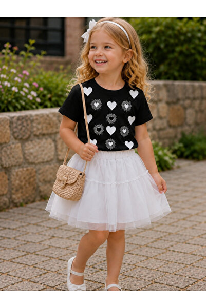 trikomode Girl's Black and White 2-Piece Heart Tulle Lined Skirt Top and Bott...