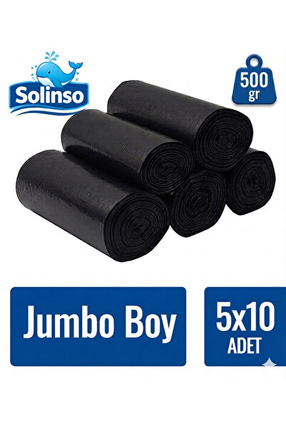 SOLINSO Kalın Çöp Torbası 10’lu 500 gr x 5 Rulo Siyah Çöp Poşeti 80x110 Cm Ju...