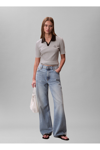 Calvin Klein Jeans Siyah - Beyaz Kadın Standart Çizgili Polo T-Shirt SS MONOL...