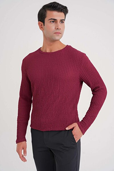 Efor Slim Fit Stretchy Cotton Textured Fabric Long Sleeve Burgundy T-Shirt Ts...