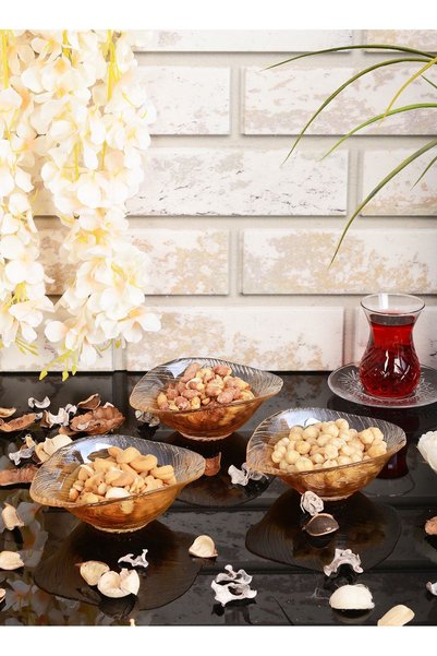 ANGDESİGN Elisya Glass Snack Bowl - Set of 3 Small Amber - Turkish Delight Bowl Breakfast Serving Bowl Glass Treat Bowl Candy Bowl Decorative Glass Bowl Serving Bowl Snack Bowl Fruit Bowl Dessert Serving Bowl Kitchen Glassware Dowry Box