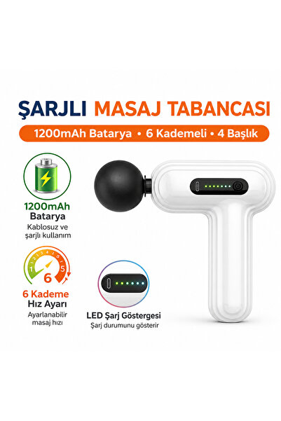 qasul Şarjlı Masaj Tabancası 1200mAh Bataryalı 6 Kademeli 4 Başlıklı Kas Gevş...