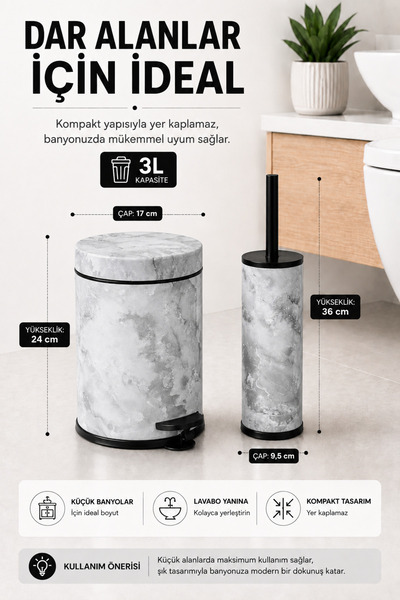 Sas Haus Pedallı Çöp Kovası 3 Litre İç Kovalı Kapaklı Tuvalet Fırçalı Banyo Seti Beyaz Mermer - Titan 7103