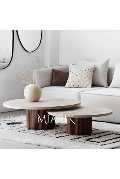 MIARIK DESIGN Dekoratif 2li Ahşap ve Traverten Orta Sehpa