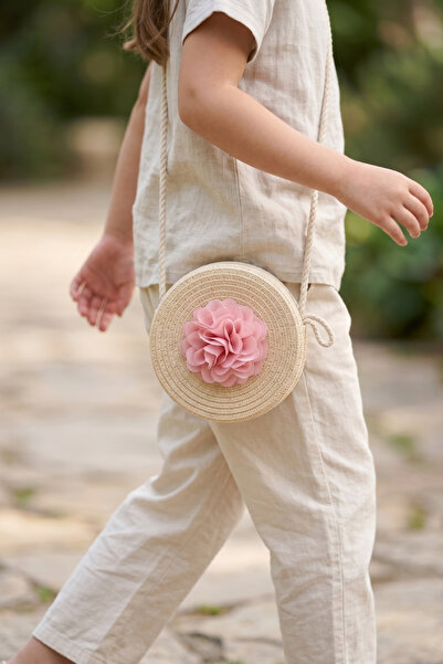 Luludy Kids Beyaz Çiçek Detaylı Kız Çocuk Hasır Çanta