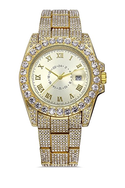 ÇENÇEN Full Zirkon Taşlı 41. Mm Gold Erkek Kadın Kol Saati