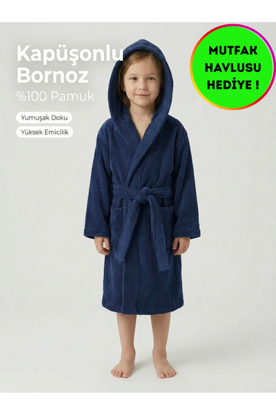 KOBEHOME Kız-Erkek Çocuk Bornozu %100 Pamuklu | Kapüşonlu+Cepli+Yumuşak+Biyeli