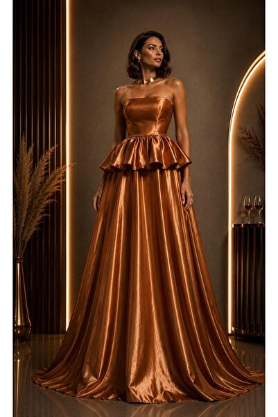 ALYEL NAKER Ruffle Detail Orange-Gold Taffeta Top & Bottom Set