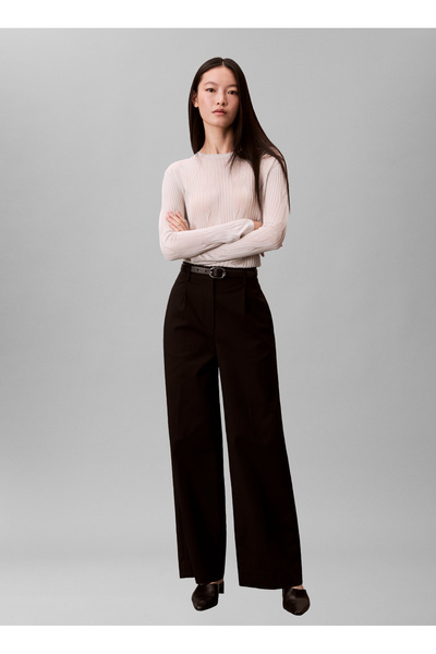 Calvin Klein Krem Kadın Düz Standart Triko Kazak SHINY CABLE CREWNECK SWEATER