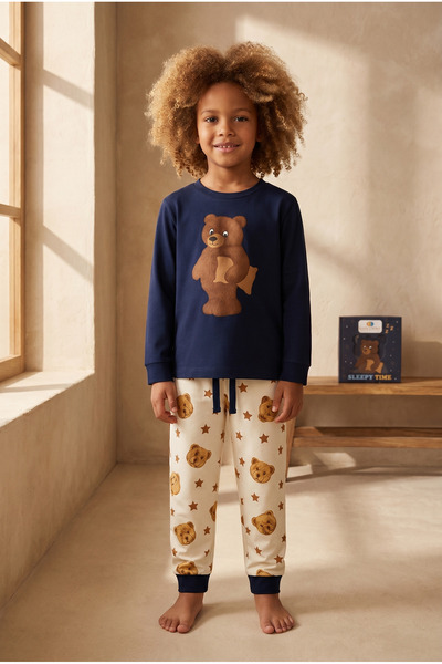 Katia&Bony Children's Sleepy Teddy Patterned Boxed Pajama Set Navy Blue
