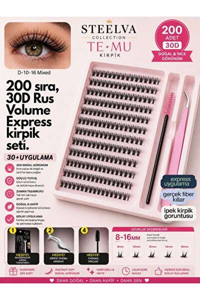 STEELVA Takma Kirpik Seti 30d 200 Adet , Yapıştırıcı Cımbız ve Tarak fırçasıy...