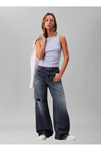 Calvin Klein Jeans Mavi Kadın Nakışlı Atlet WOVEN LABEL 2X2 BABY RIB TANK