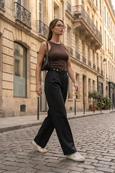 macharel jeans بنطلون قطني أسود من قماش الجبردين مع جيوب بإغلاق بالكبسولات