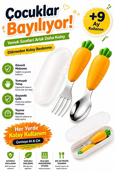 jojobebek Sarı Renk Çocuk Silikon Saplı Paslanmaz Çelik Uçlu Çatal Ve Kaşığı ...